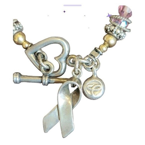2 Australian Crystals Breast Cancer Sterling Ribbon Charm Bracelets 7.5" - Picture 4 of 6